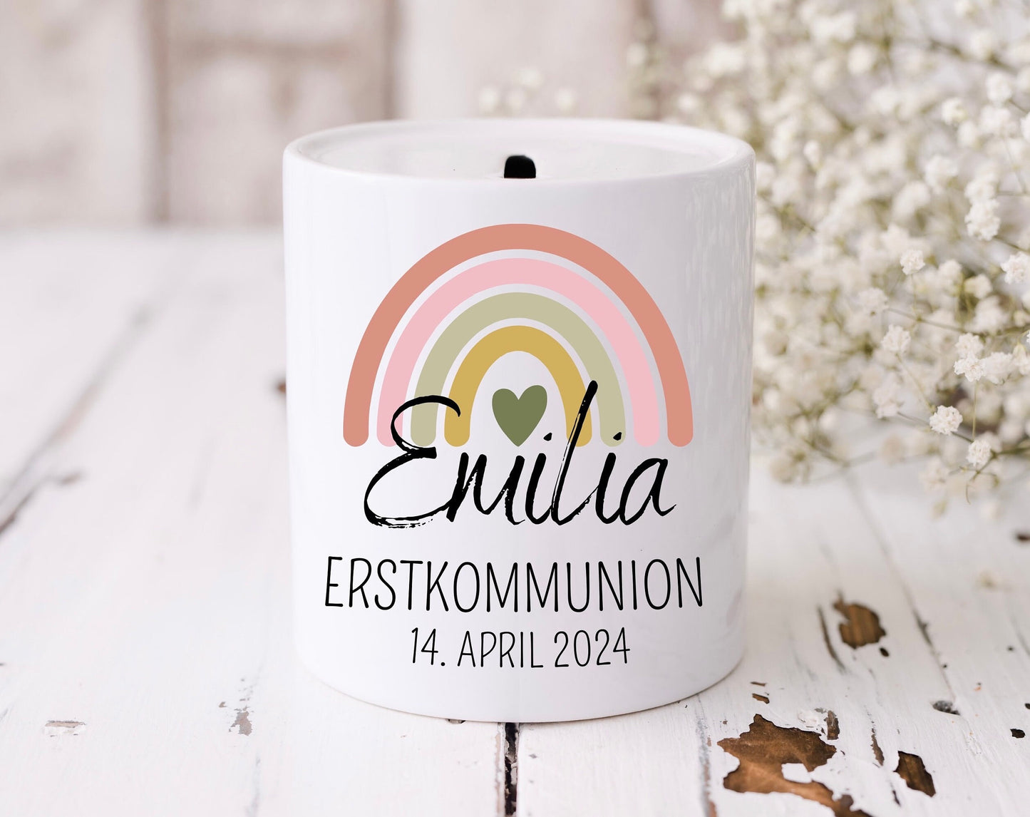 Weiße Spardose | Keramik | personalisiert | Geschenkidee Kinder | Name | Geldgeschenk | Kommunion