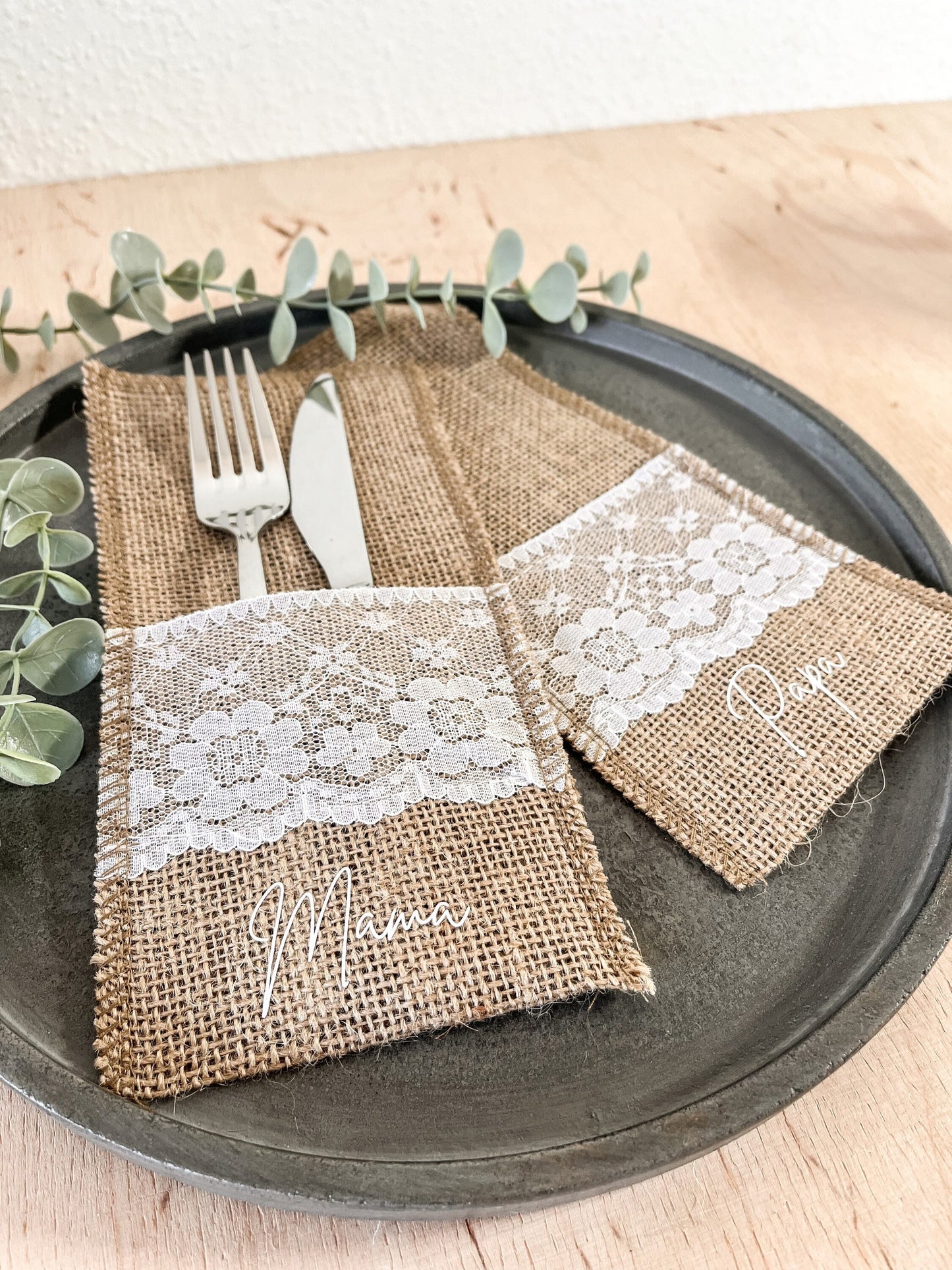 Bestecktasche | Jute | Spitze | Tasche | Name | personalisiert | Geschenk | Einzug | Hochzeit |