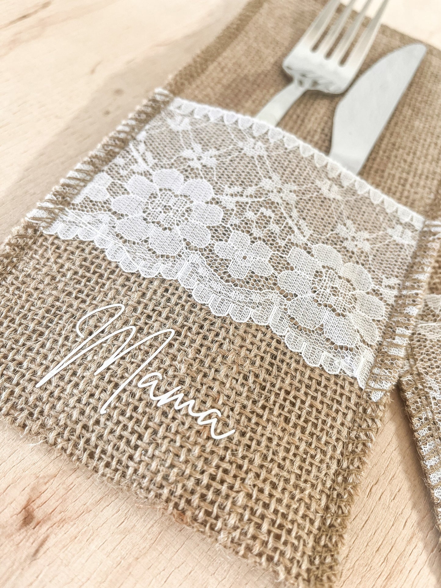 Bestecktasche | Jute | Spitze | Tasche | Name | personalisiert | Geschenk | Einzug | Hochzeit |